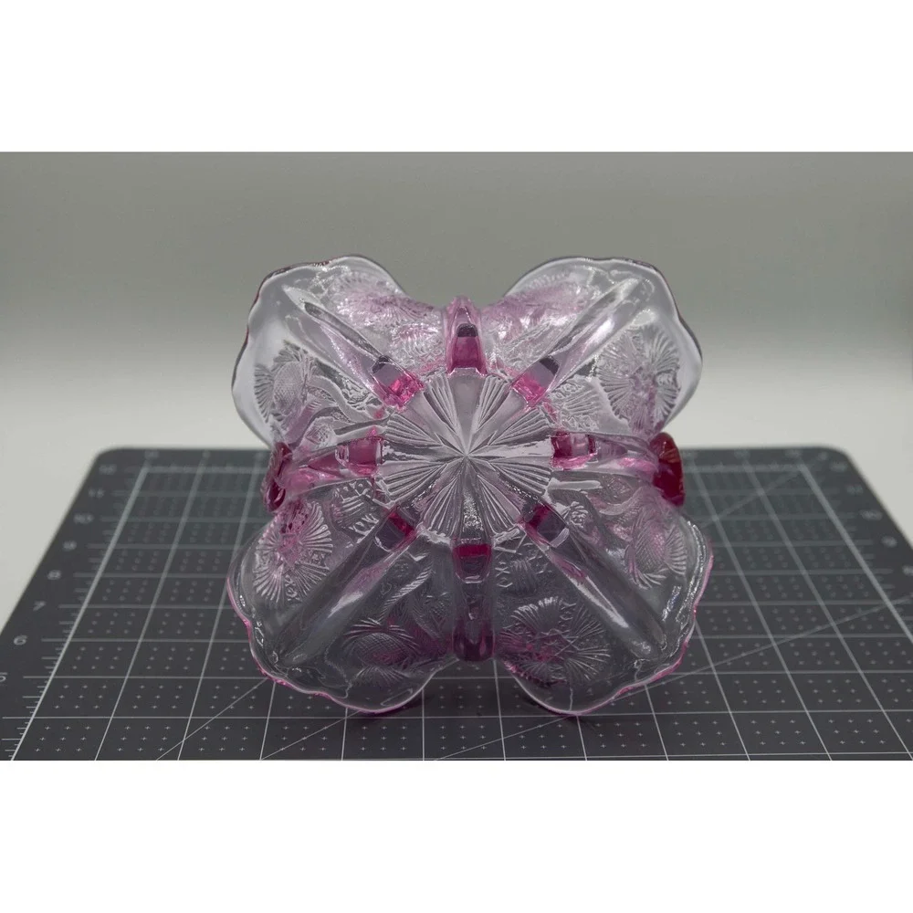 Vintage Fenton Pink Pressed Glass Basket Ruffled Edge Floral Starburst Design